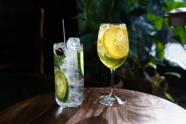 Two refreshing cocktails with cucumber and lemon garnish on a wooden table.